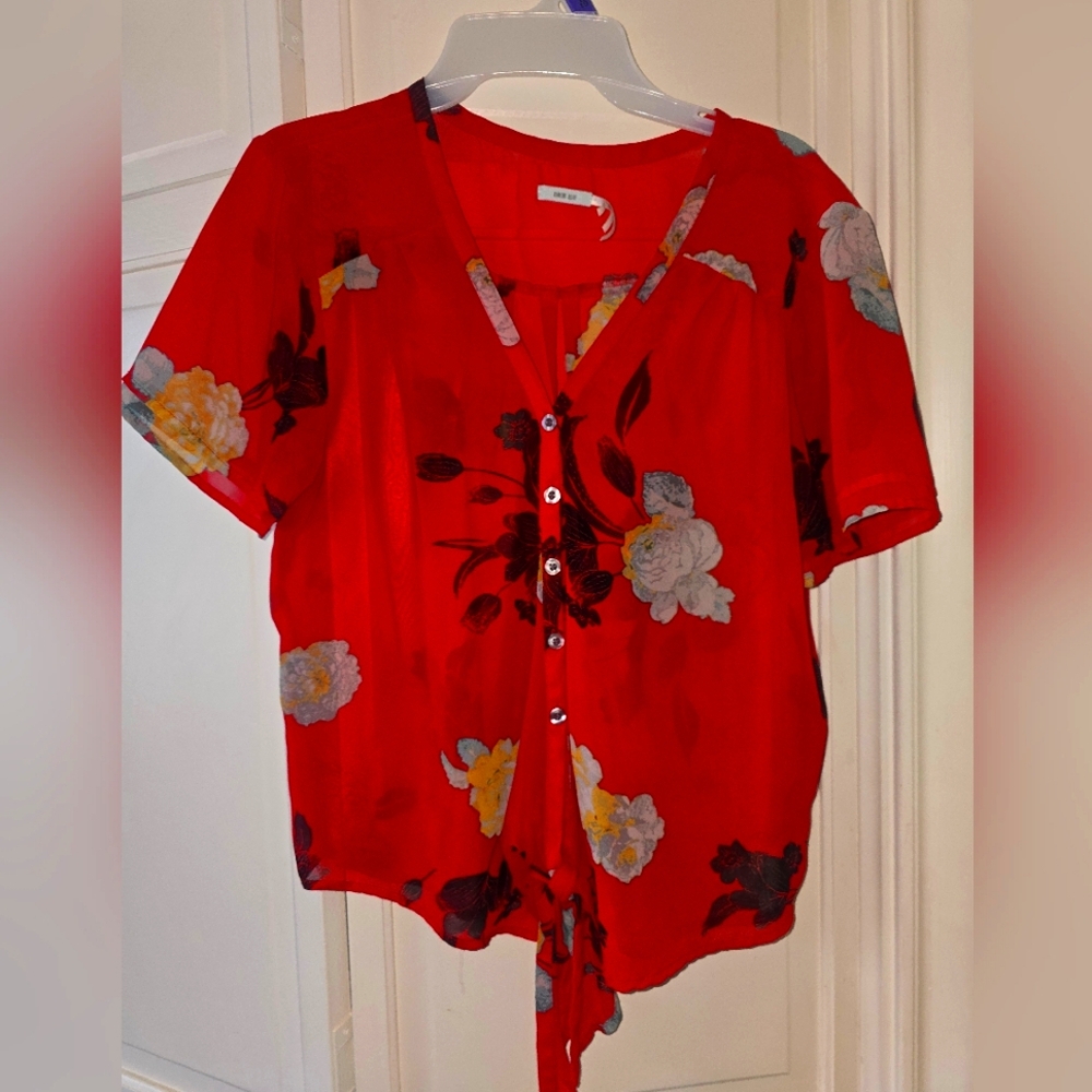Floral Red Button-Up Blouse